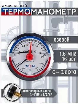 Термоманометр Экомера МД04-63мм 0..1,6МПа 0..120С G1/4 с переходником на G1/2 Осевой